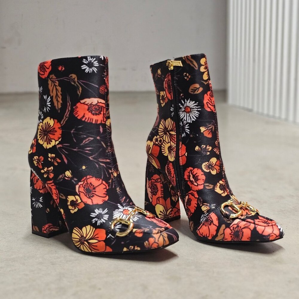 Floral Block Heel Ankle Boots With Gold Buckle Detail & Side Zipper Closure - Picture 3 of 9